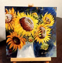 Buy Oil Painting Floral Original Art On Oil Paper Size 8×8  Handmade Art Sunflowers  • 36.38£