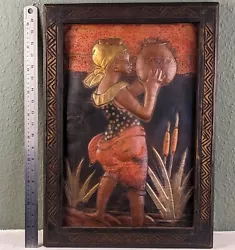 Buy Vintage African Art Copper Repousse Embossed Women With Jug Framed Panel 21x15in • 60£