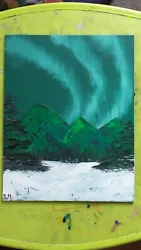 Buy Landscape Oil Painting (Bob Ross Style) Northern Lights Mountains 11x14 Green • 57.79£
