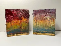Buy Set Of 2 Vintage Mixed Media Acrylic Resin And Gold Painting On Wood By S. MOSS • 125.55£