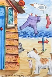 Buy ACEO Original Watercolour Painting Seaside, Beach Hut, Dog, Cat, Starfish, Mouse • 5.50£