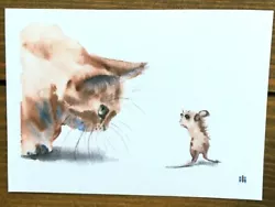 Buy ACEO Watercolor Print Cute Ginger Cat And Mouse Pet Animals Fine Art Painting • 3.50£