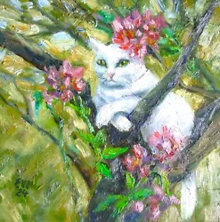 Buy White Cat On Tree Original Oil Painting Wall Art Canvas 8x8 Inches • 45£