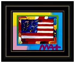 Buy Peter Max Original Mixed Media Painting American Flag With Heart Signed Framed • 2,386.72£