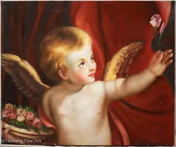 Buy Beautiful Oil Painting Winged Cupid With Roses, Cherub Angel Oil On Canvas • 194.18£