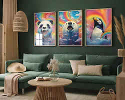 Buy Rainbow Swirl Panda, Polar Bear, Penguin Set Of Three Art Print Painting Poster • 15£