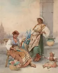 Buy Ladies & Child In Venice Italy - Antique Watercolour Painting - 19th Century • 150£