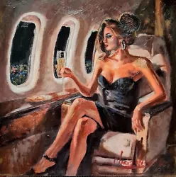 Buy Original Mario Mendoza Female Oil Painting Art Bar Wine Glass Private Jet Plane  • 1,250£