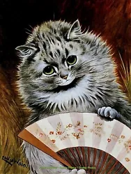 Buy Fluffy Cat With Floral Fan 8.5x11  Photo Print Louis Wain Feline Animal Painting • 7.81£