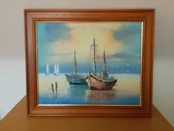 Buy Seaside Fishing Boat Canvas Oil Painting Antique Frame 63cm X 52cm • 39.95£