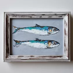 Buy Original Oil Painting Still Life Artwork Fish Sardines Food Kitchen Art Framed • 80£
