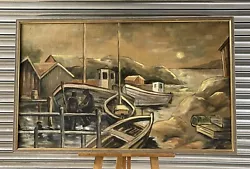 Buy Large Mid Century Swedish School Painting Depicting Fishing Harbour Sunset Scene • 225£