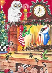 Buy Aceo Print Of Painting Ryta Christmas Winter Snow Owl Tree Fireplace Mantis Art • 6.21£