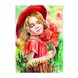 Buy Girl Poppies Painting Child Red Hat Smelling Flowers Art Garden Portrait • 143.40£