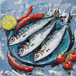 Buy Original Oil Painting Still Life Artwork Fish Sardines Chilli Kitchen Art 8x8  • 115£