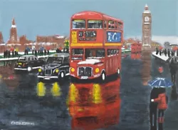 Buy Original Painting London Taxi Bus Snow Big Ben Westminster By Finbar Stevens • 89.25£