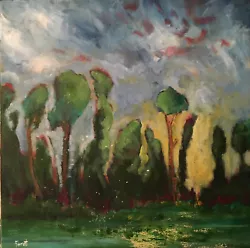 Buy Semi-Abstract Trees Clouds Sunset Landscape - 14x14 Acrylic Painting On Canvas • 236.25£