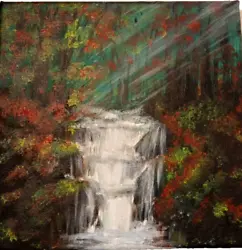Buy Original On Canvas, Trees Waterfall Decor Acrylic Painting, 20 By 20 Cm • 18.77£