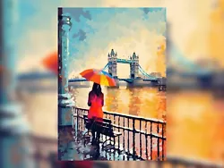 Buy Woman With Umbrella Walking Thames To Tower Bridge Oil Painting Print 5 X7  • 4.99£