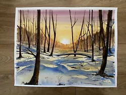 Buy Bob Ross Style Snow Watercolor Mountains Forest Large Art Tree Painting Sunset • 299.25£