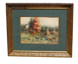 Buy Antique Watercolor Painting Country Farm With House, Haystacks & Pumpkins • 165.37£