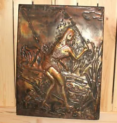 Buy Vintage Hand Made Nude Wall Hanging Copper/brass Plaque Fishing Girl • 207.27£