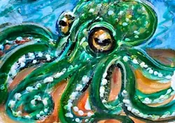 Buy ORIGINAL ACEO Painting Green OCTOPUS Sea Ocean Squid Fish Marine 8 Legs ATC ART • 12.60£