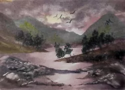 Buy ACEO Original Painting Landscape Art Hills Mountains Lake Trees Watercolour • 5.50£
