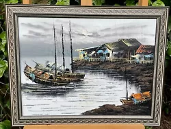 Buy Framed Acrylic On Canvas Stylised Asian Fishing Village Scene • 50£