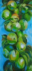 Buy Oil Painting On Canvas Original Artwork With Green Apples On The Branch • 132.30£