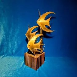 Buy Vintage MCM Brutalist Copper 3 Angel Fish Sculpture On Wood Block Torch Cut  • 57.88£
