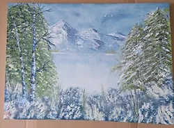 Buy BOB ROSS Inspired Mountain  Lake Evergreen Trees 30x42cm Unframed Oil On Canvas  • 20£
