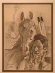 Buy Vintage Early California Framed HERNANDO VILLA Native Amer Horse Drawing • 259.87£