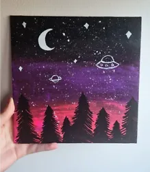 Buy Original Acrylic Painting On Canvas Space Forest Night Sky UFO Home Decor Gift • 10.99£