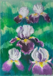 Buy Iris Original Painting Purple Flower Wall Art Tiny Floral Artwork Oil Pastel • 28.94£