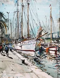 Buy Landscape Painting Watercolor Original Sail Boats Seascape Barcelona Por  16x11i • 291.69£