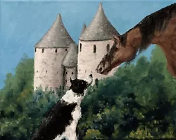 Buy Oil Painting Dog And Horse W/ Castle In Forest Landscape Animal Art By A. Joli • 111.63£