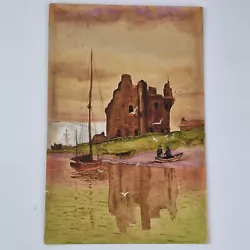 Buy Antique Watercolour Study Castle Ruin By A River With Boats • 19.95£