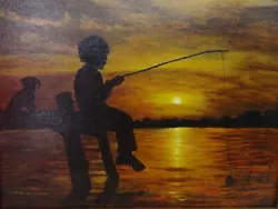 Buy Oil Painting Sunrise Sunset Fishing Child Scene Signed Original Silhouette Art • 39.99£