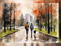 Buy People And Dog In Urban Park Watercolor Painting Print - City Serenity 5 X7  • 4.49£