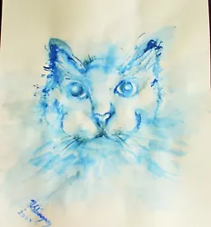 Buy Watercolour Ink Painting Of Blue Cat,impressionist,orgnl.unframed,new • 8£