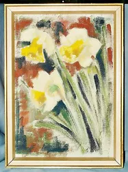 Buy Small Painting Flower Still Life, Daffodils, Oil On Platter, Expressive Malweise • 106.88£
