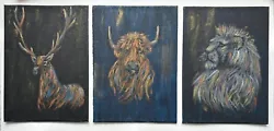 Buy Original Painting Set Of 3, Lion Deer Stag Highland Cow On Canvas Panel • 19£