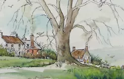 Buy Original Watercolour & Ink, 'Tree And Cottages', Circa 1990's, Artist Unknown • 33£