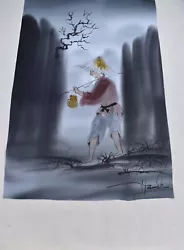 Buy Vintage Asian Signed Watercolor On Silk Mountain Man Pedal Boat Black White Fog • 920.75£