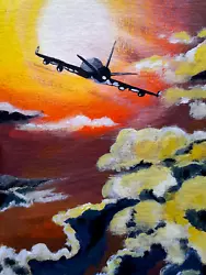 Buy Airplane Original Painting Sunset Wall Art Red Cloud Artwork Canvas Art • 46.26£