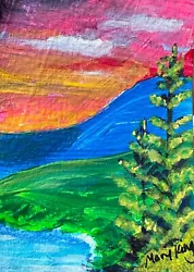 Buy Acrylic ACEO 2.5  X 3.5  Original Painting By Mary King - Sunset By The Lake • 2.48£