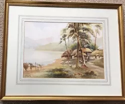 Buy M Gozzard Framed Watercolour Small Thatched Cottages On Side Of Scottish Loch • 40£