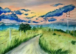 Buy Original Watercolor Painting. Landscape With A Road To The Mountains. • 49.65£