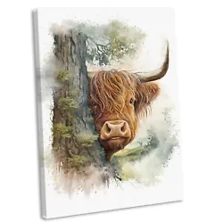 Buy Shy Highland Cow Canvas Print Framed Watercolour Style Wall Art Picture No.2 • 17.99£